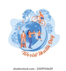 Active people. A man cycling, several women jogging and looking after children. World Health Day concept. Flat vector illustration.