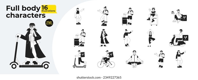 Active people monochromatic flat vector characters bundle. Leisure yoga. Food delivery. Editable full body people in different poses on white. Simple bw cartoon spot image for web graphic design