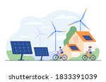 Active people on bikes, windmills and house with solar panel on rooftop flat vector illustration. Cartoon characters living healthy lifestyle. Renewable energy and smart technology concept