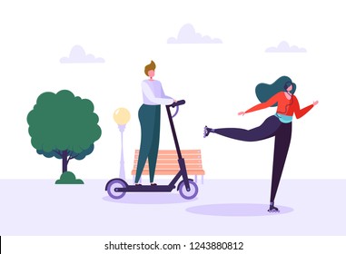 Active People on Eco Transportation. Young Woman Character Roller Skating in the City Park. Man Riding Electric Scooter. Healthy Lifestyle. Vector Illustration