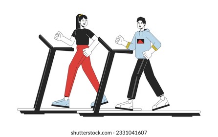 Active people on treadmill flat line color vector character. Editable outline full body sportsmen on white. Sport in gym simple cartoon spot illustration for web graphic design