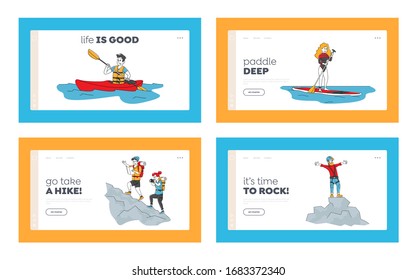 Active People Outdoors Fun Landing Page Template Tourism Set. Characters Climb in Mountains. Kayaking, Water Sport Surfboard Recreation. Outdoor Alpinism or Hiking Activity. Linear Vector Illustration