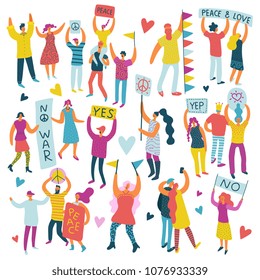 Active people parade colored set of  propagandists going in crowd on streets with placards flat vector illustration