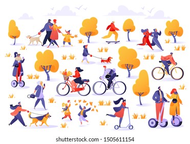 Active people in the park. Autumn outdoor. Man and woman characters  running, riding bicycle and hoverboard, skateboarding. Young family walks dog, children play in autumn park and walk with pets.