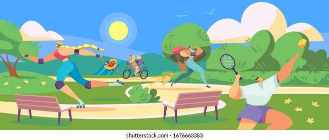 Active people in park, healthy sport lifestyle vector illustration. Men and women running, jogging, roller skating, cycling and playing tennis outdoor. Sport activities in summer park, healthy leisure