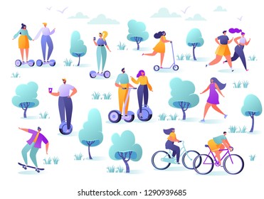 Active people in the park. Summer outdoor. Man and woman characters  running, riding bicycle, skateboarding, roller skates, fitness. Flat design characters riding modern electric scooter, hoverboard.