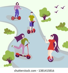 Active people in the park. Summer or spring outdoor city activity. Man and woman characters on hover board, gyroscope, kick scooter. Flat modern trendy design characters boy and girl banner.