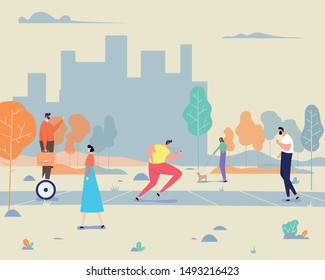 Active people in the park. Various people at park performing leisure outdoor activities. Flat vector concept illustration