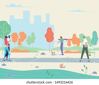 Active people in the park. Various people at park performing leisure outdoor activities. Flat vector concept illustration