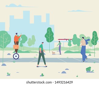 Active people in the park. Various people at park performing leisure outdoor activities. Flat vector concept illustration