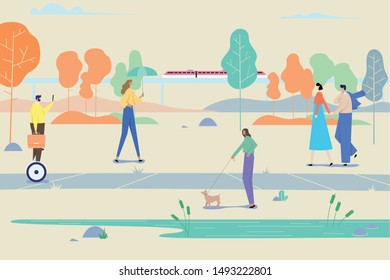 Active people in the park. Various people at park performing leisure outdoor activities. Flat vector concept illustration