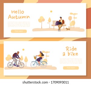 Active People Recreation In Autumn. Freelancer Businessman Working, Surfing Internet Walking Dog Sit Outdoor On Bench. Man Office Worker Housewife Florist Woman Riding Bike In Park. Header Banner Set