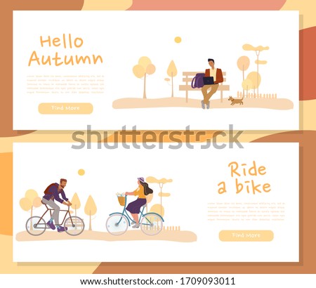 Active people recreation in autumn. Freelancer businessman working, surfing internet walking dog sit outdoor on bench. Man office worker housewife florist woman riding bike in park. Header banner set