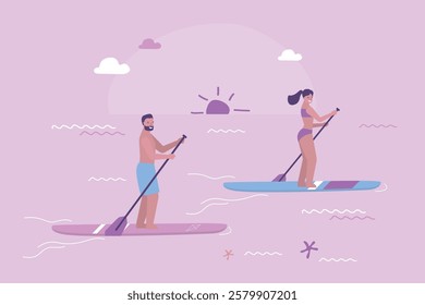 Active people riding sup boards on water. Friends surfer in swimming suits outdoor recreation. Sportmen standing with paddles on boards, sea summer enjoy. Active characters rest on sunset. flat vector