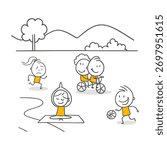 Active People Running Cycling And Doing Yoga In The Park On A Sunny Day. A Peaceful Day Reducing Stress With Relaxation And Hobby Activities.