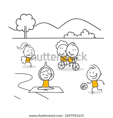 Active People Running Cycling And Doing Yoga In The Park On A Sunny Day. A Peaceful Day Reducing Stress With Relaxation And Hobby Activities.