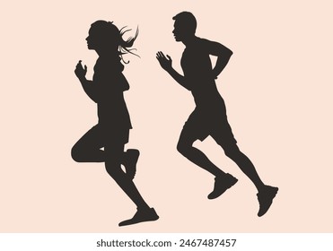 Active people running exercise silhouette vector style. man woman gym jogging black and white.. Isolated object on soft color.