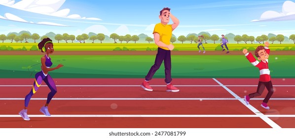 Active people running on stadium. Vector cartoon illustration of slim african woman jogging, father looking at happy son exercising outdoors, athletes training on sunny summer day, healthy lifestyle