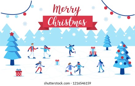 
Active people skating on winter holidays. Flat  vector illustration isolated on white background.