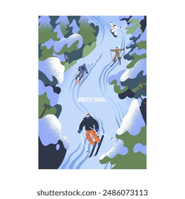 Aktive Leute Snowboarden, Skifahren auf Schneehang, Titel. Poster Wintertourismus in verschneiten Bergen. Eine Gruppe von Charakteren macht Extremsport, reitet auf dem Alpenhügel. flache Vektorillustration