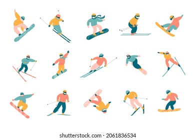 Personas activas haciendo snowboard y esquiando. Las ilustraciones vectoriales de dibujos animados de esquiadores y snowboard saltando desde la montaña en acción posan aislados en blanco. Deporte extremo de invierno, concepto de competencia