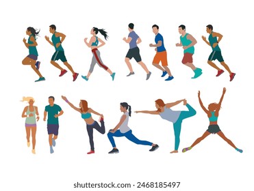 Active people soft color pastel vector style. People running exercise jogging. Isolated object on white background.