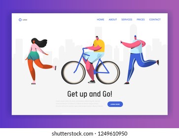 Active people sports landing page template. Happy characters riding bicycle, running, healthy lifestyle concept for website or web page. Easy edit. Vector illustration