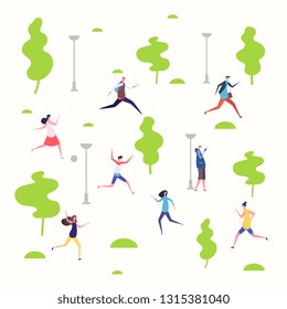 Active people in the spring park, walking and running people vector illustration