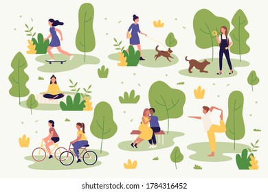 Personas activas en la ilustración vectorial de los parques de verano. Personajes de caricatura que realizan actividades a pie, ciclismo, yoga, descanso jugando y trotando. Aislamiento de la actividad de los parques urbanos al aire libre