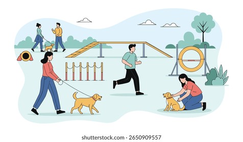 Active people and their dogs enjoying a sunny day at the dog park with agility equipment