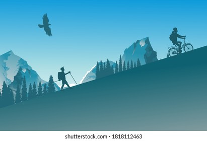 Active people tourist and cyclist bicycle rider silhouettes in wild mountain nature landscape background illustration vector