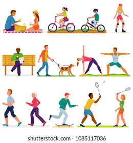 Active people vector woman or man character in sport activities training fitness workout exercises and doing yoga illustration set of adults and kids cycling on bicycle isolated on white background