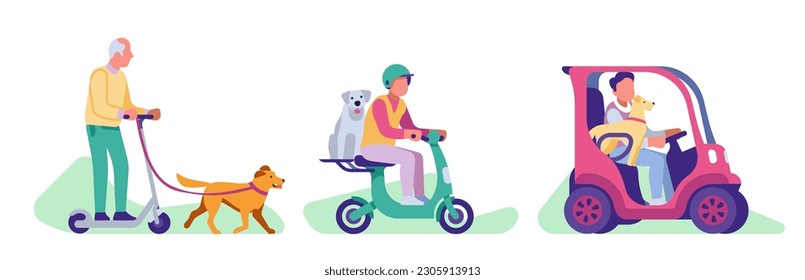 Active people walk their dog and ride scooter and electric car with their pets. Happy owner with pets on electric transport, walking in park, cartoon flat style isolated