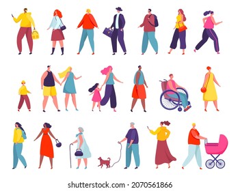 Active people walking on city street or park, stylish characters outdoor. Man walking dog, woman jogging, parents with kids on walk vector set. Father with stroller or pram, guy on wheelchair