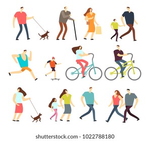 Active people walking, riding bike, running outdoor vector character set. Ride bike and activity lifestyle walking and sport jogging illustration