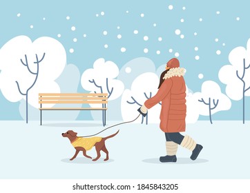 Active people in winter city park. Winter time. Girl walks with dog in winter city park. Outdoor winter activities and sport cartoon vector illustration