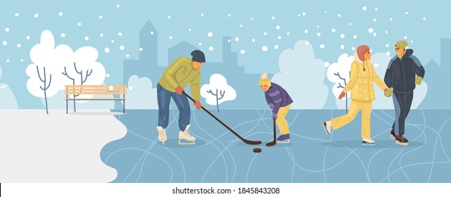 Active people in winter city park. Winter time. Dad and son are playing hockey, couple in love is skating on ice. Outdoor winter activities and sport on beautiful landscape cartoon vector illustration