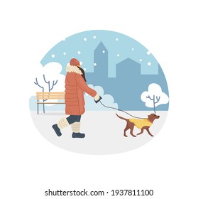 Active people in winter city park. Winter time. Girl walks with dog in winter city park. Outdoor winter activities and sport cartoon vector illustration