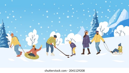 Active people in the winter park. Happy family walking and ride child on the sled. People in the park, children playing in the park, making snowman, skating, playing hockey, walking dog cartoon vector