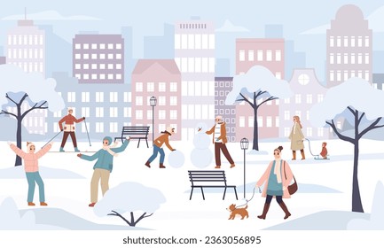 Active people in winter park. Teenager crowd walking, playing snowball. Family activity in snowy frozen day in city, sledding and skiing. Snugly vector scene