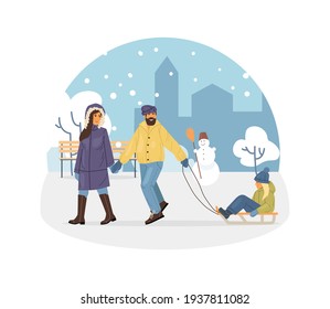 Active people in the winter park. Winter time. Happy family walking and ride child on the sled. Outdoor winter activities cartoon vector illustration