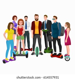active peoples fun with electric scooter, family on new modern technology hoverboard, man woman and child self balance wheel transport gyroscooter ride the street vector illustrator