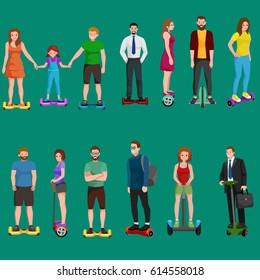 active peoples fun with electric scooter, family on new modern technology hoverboard, man woman and child self balance wheel transport gyroscooter ride the street vector illustrator