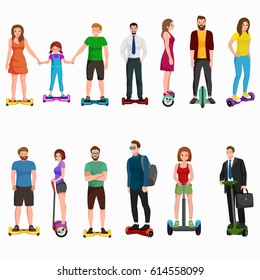 active peoples fun with electric scooter, family on new modern technology hoverboard, man woman and child self balance wheel transport gyroscooter ride the street vector illustrator