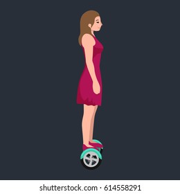 active peoples fun with electric scooter, new modern technology hoverboard, woman self balance wheel transport gyroscooter ride the street vector illustrator