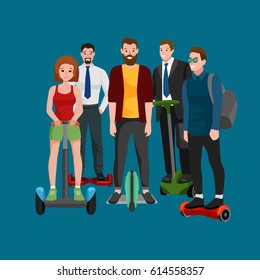 active peoples fun with electric scooter, family on new modern technology hoverboard, man woman and child self balance wheel transport gyroscooter ride the street vector illustrator