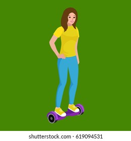 active peoples fun with electric scooter, new modern technology hoverboard, woman self balance wheel transport gyroscooter ride the street vector illustrator
