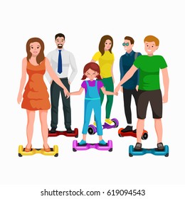 active peoples fun with electric scooter, family on new modern technology hoverboard, man woman and child self balance wheel transport gyroscooter ride the street vector illustrator