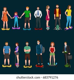 active peoples fun with electric scooter, family on new modern technology hoverboard, man woman and child self balance wheel transport gyroscooter ride the street vector illustrator