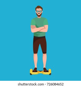 active peoples fun with electric scooter, new modern technology hoverboard, man self balance wheel transport gyroscooter ride the street vector illustrator